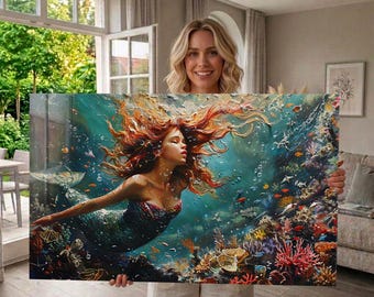 Arte mural de vidrio templado, arte mural de sirenas bajo el agua, decoración oceánica de peces tropicales, decoración mural costera de fantasía marina, arte mural extragrande