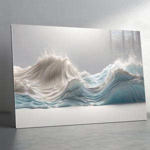 Ocean Wave Tempered Glass Wall Art – Blue White Abstract