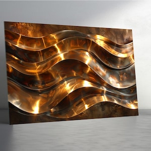 Cuadro de pared de vidrio templado – Ondas abstractas rústicas en oro y cobre – Decoración de pared moderna de lujo con detalles metálicos – Obra de arte de gran tamaño que no pasará desapercibida.