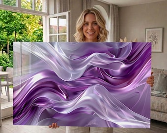 Cuadro de pared de vidrio templado con diseño abstracto en tonos morados y plateados, arte de pared moderno y lujoso de gran tamaño.