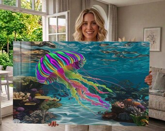 Arte mural de vidrio templado, arte mural de medusas coloridas, decoración oceánica arcoíris, arte mural de arrecifes de coral submarinos, arte costero, arte mural extragrande