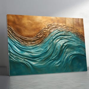 Décoration murale vagues océaniques en verre trempé, abstrait bleu et or