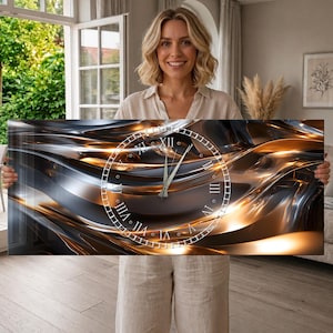 Tempered Glass Wall Clock Gold Black Abstract Waves Art, Extra Large Flow Wall Decor