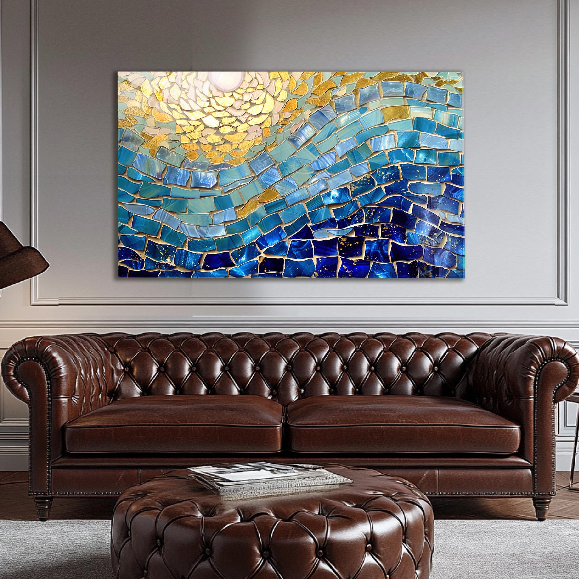 Tempered Glass Wall Art Ocean Waves Sunset, Mosaic Coastal Panel, Extra ...