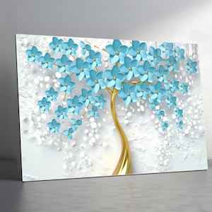 Gold Blue Tree of Life Tempered Glass Wall Art, Extra Large Glass Wall Art, Elegant Golden Tree with Blue Flowers,Wall Decor,Luxury Wall art