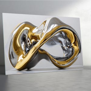 May include: A modern abstract sculpture with a polished metallic finish. The sculpture features a flowing, intertwined design with gold and silver tones. The artwork is displayed on a white background.
