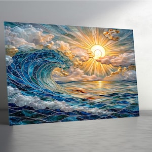 Puede incluir: Una obra de arte vibrante que representa una escena oceánica estilizada. Una gran ola que se curva domina el lado izquierdo, representada en tonos de azul y blanco. El sol brilla intensamente, con rayos dorados y nubes esponjosas. La obra es un lienzo rectangular.