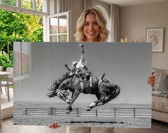 Cuadros de vidrio templado para pared, cuadros de vaqueros de rodeo, obras de arte de caballos salvajes, decoración occidental en blanco y negro, arte ecuestre, cuadros extragrandes para pared.