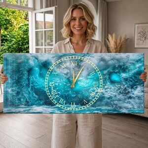 May include: A rectangular wall clock featuring a vibrant ocean wave print in shades of teal, blue, and white. The clock face is overlaid with a gold-toned circular frame, Roman numerals, and two slender gold hands set against the crashing water.