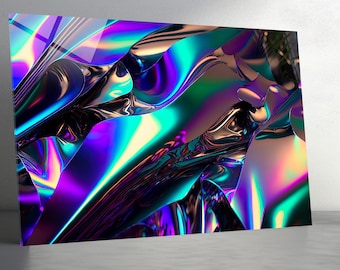May include: Abstract art print featuring a dynamic composition of flowing, iridescent shapes. The artwork showcases a vibrant palette of colors, including blues, greens, purples, and golds, creating a holographic effect. The glossy surface reflects light, enhancing the visual depth.