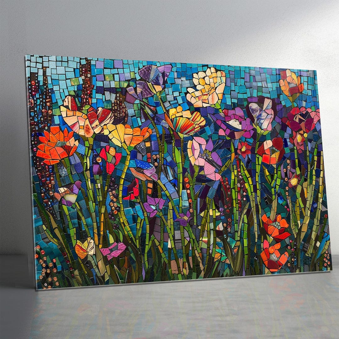 Tempered Glass Wall Art - Stained Colorful Mosaic Flowers , Extra Large ...