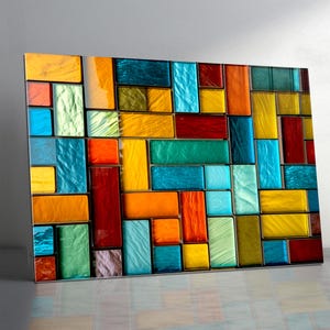 Colorful Tempered Glass Wall Art, Extra Large Stained Glass Panel, Modern Color Block Decor, Abstract Glass Wall Hanging Geometric Glass Art