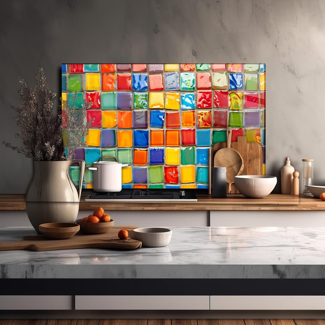 Colorful Mosaic Kitchen Backsplash - Tempered Glass Splash Panel - Etsy