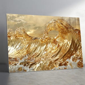 May include: A golden wave, depicted in a dynamic pose. The image highlights the wave's intricate details, with white foam contrasting against the golden colour. The background suggests a sunset or sunrise, adding to the artwork's appeal.