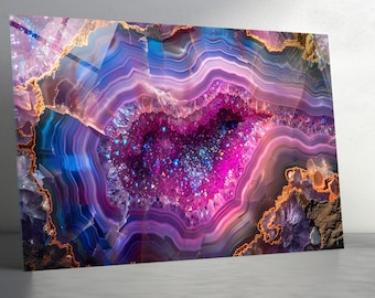 Arte de parede em vidro temperado, estilo cristal geodo, arte abstrata em ágata rosa e roxa, arte de parede extragrande, painel de parede com efeito mármore, presente de boas-vindas