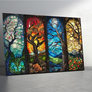 Tempered Glass Wall Art Four Seasons Extra Large Colorful Nature Window Design, Panoramic Wall Panel