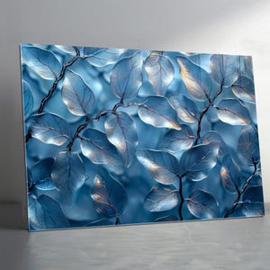 Tempered Glass Wall Art - Blue Leaf Pattern - Modern Botanical Wall Decor - Large Nature-Inspired Glass Artwork
