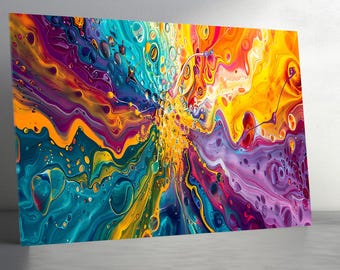 Arte mural en vidrio templado: explosión abstracta colorida, decoración mural de arte fluido vibrante, impresión en vidrio extragrande con salpicaduras de pintura moderna de arcoíris.