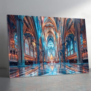 Tempered Glass Wall Art – Gothic Cathedral Interior, Luxury Colorful Glass Artwork, Vibrant Architectural Wall Decor for Living Room  Office