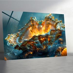 May include: An artistic rendering of a large, open seashell with a glowing, fiery interior. The shell's exterior is a mix of blues and browns, while the inside radiates with golden light. The artwork is set against a dark, watery background.