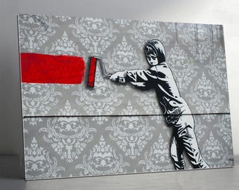 Tempered Glass Wall Art - Modern Banksy-Inspired Street Art Painting - Red Roller Graffiti Design, Large Glass Wall Art,Glass Backsplash,