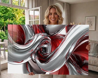 Cuadro de pared de vidrio templado rojo y plateado, diseño abstracto de remolino de mármol.