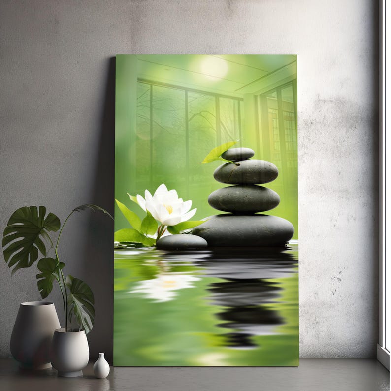 Tempered Glass Wall Art :green Zen Stones and Lotus -spa Wall Decor ...