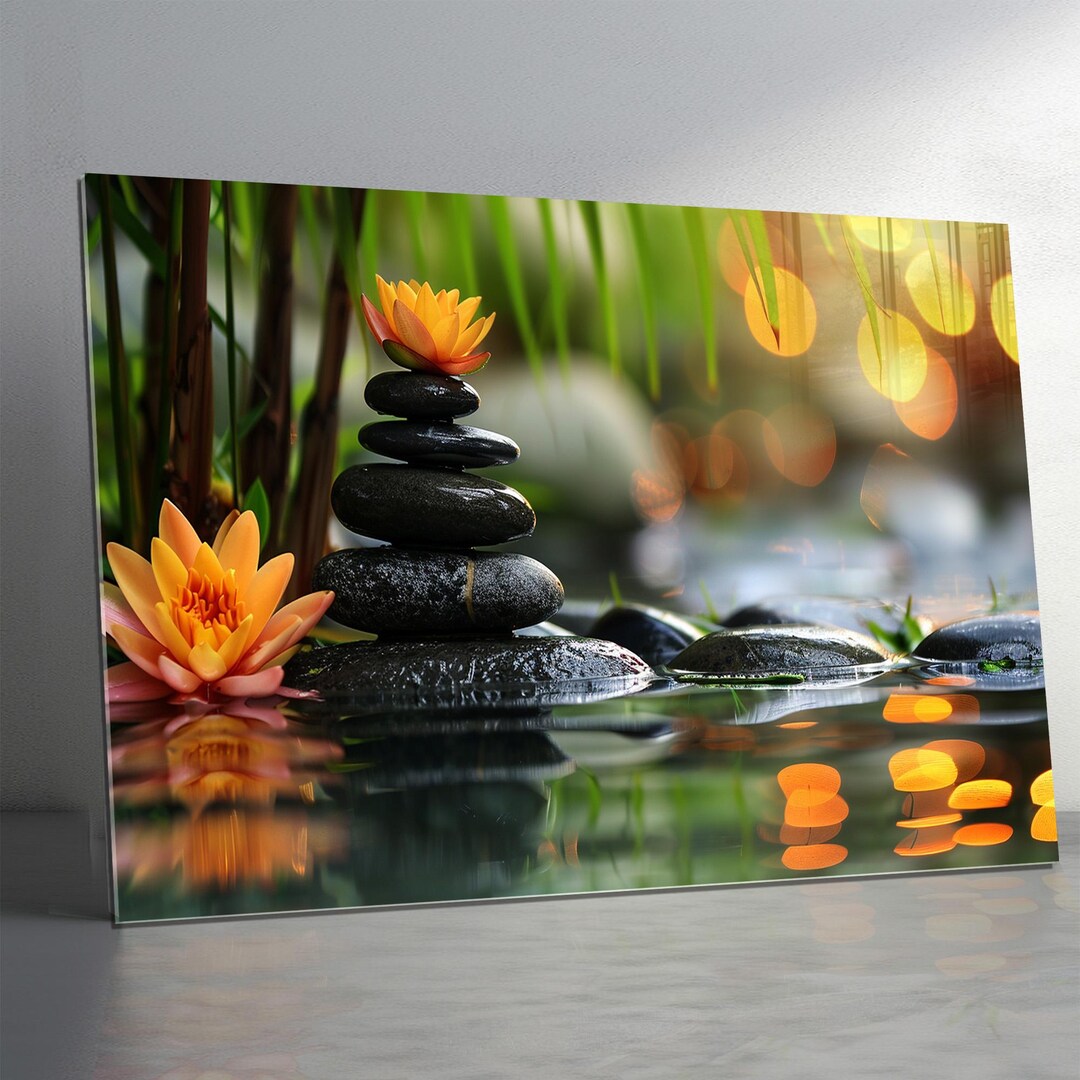 Tempered Glass Wall Art - Zen Stones and Lotus Flower Spa Decor - Etsy