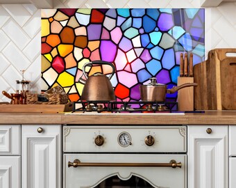 Abstract Stained Tempered Glass Kitchen Backsplash: Colorful Wall Art