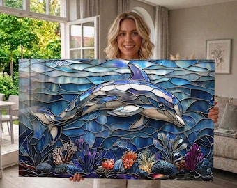Arte mural de vidrio templado, vidrieras de delfines, decoración mural de arrecifes de coral oceánicos, obras de arte marinas costeras, arte mural extragrande