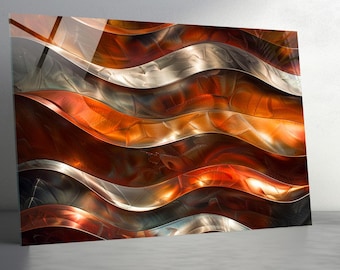 Tempered Glass Wall Art – Rustic Copper and Silver Abstract Waves – Modern Metallic Luxury Wall Decor – Extra Large Statement Artwork
