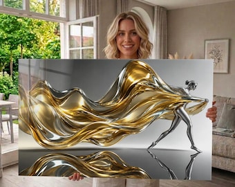 Arte de pared de vidrio templado, abstracto, aspecto 3D, estilo escultura moderna dorada, arte de pared extra grande, decoración de pared panorámica, regalo para
