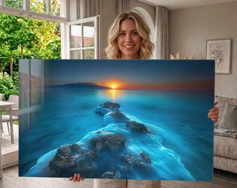 Cuadro de pared de vidrio templado con paisaje costero de puesta de sol sobre el océano y rocas - Paisaje marino con galaxia extragrande, regalo de lujo para el hogar