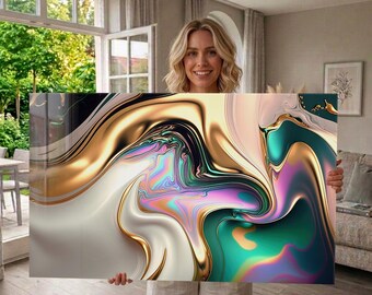 Cuadro de vidrio templado para pared – Decoración abstracta de lujo con mármol colorido, arte mural fluido extragrande, arte para la pared de la sala de estar