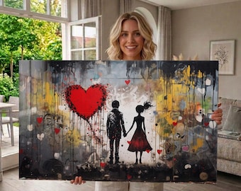 Cuadro de vidrio templado para pared, diseño de graffiti de corazón rojo, arte de pared para parejas románticas, decoración de pared de amor, arte romántico moderno, cuadro de pared extragrande