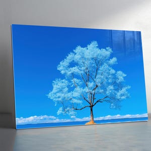 Blue Tree of Life Tempered Glass Wall Art, Extra Large Glass Wall Art, Elegant Blue Tree Wall Decor, Minimalist Glass,  Panoramic Wall art