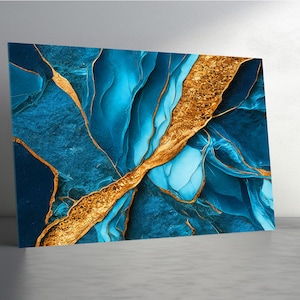 Arte de pared de vidrio templado, mármol azul y dorado, geoda, cristal y ónix, decoración de pared abstracta extragrande con piedra, impresión de lujo con vetas doradas y piedras preciosas.