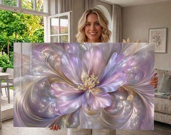 Cuadro de pared de vidrio templado con diseño abstracto de flor morada, decoración de vidrio de lujo extragrande, ideal para salas de estar modernas.
