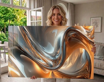 Arte de pared de vidrio templado: abstracto 3D dorado, plateado y cromado, diseño moderno de vórtice metálico, arte de pared de olas extragrandes, panel de pared teñido
