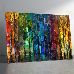 May include: A colorful mosaic artwork depicting a forest of trees. The artwork features a vibrant array of colors, including red, orange, yellow, green, blue, and purple. The trees are composed of irregular, textured glass pieces.