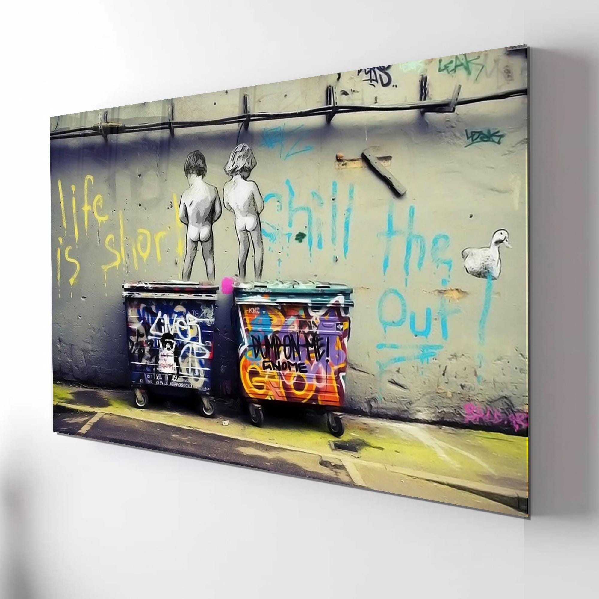 Tempered glass wall art Banksy Life is Short , Extra Large Glass Wall Art, Balloons Glass Backsplash, Panoramic Wall Art-Stained Glass