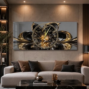 May include: A rectangular wall clock featuring a black and gold abstract floral design. The clock face has a circular gold frame with Roman numerals and two gold hands. The artwork displays flowing, layered petals in dark tones with metallic gold highlights.