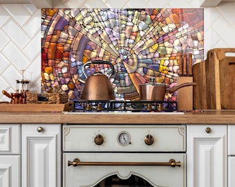 Mosaic Stained Tempered Glass Kitchen Backsplash, Colorful Wall Art