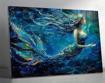 Gehärtetes Glas Wandkunst Mermaid Ocean Fantasy, extra große blaue Meer Wandkunst, Glasmalerei Wand Stil