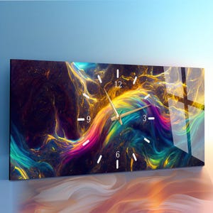 Tempered Glass Wall Clock Colorful Abstract Fluid Art, Neon Liquid Marble Swirl Design