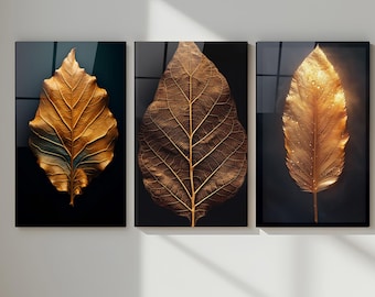 Arte mural de vidrio templado con hojas doradas – Tríptico moderno (juego de 3)