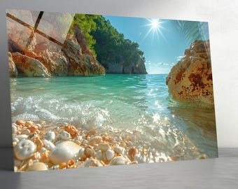 Arte de pared de vidrio templado con diseño de playa y océano, decoración costera de mar turquesa, arte de pared panorámico extragrande con paisaje costero, panel de pared teñido.