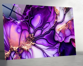 Purple Abstract Tempered Glass Wall Art, Gold Panoramic Wall Decor, Extra Large Wall Art ,Marble Wall Decor,Stained Wall Panel