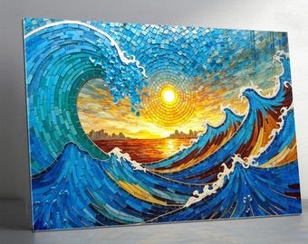 Tempered Glass Wall Art, Stained Glass Ocean Wave & Sun, Blue Orange Mosaic Coastal Decor