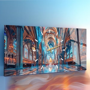 May include: A rectangular wall clock featuring a high-resolution print of a gothic cathedral interior with vaulted ceilings, stained glass windows, and stone columns. The clock face has gold-toned hands and white markers for 3, 6, 9, and 12.